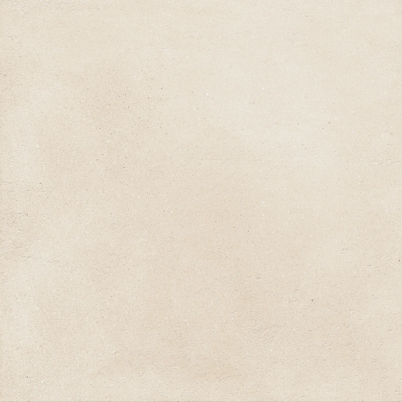 Sehr helle cremeweiße Betonoptik-Fliese 60x60 cm mit wolkiger, wie gespachtelt wirkender Schattierung auf der Fläche, matt.