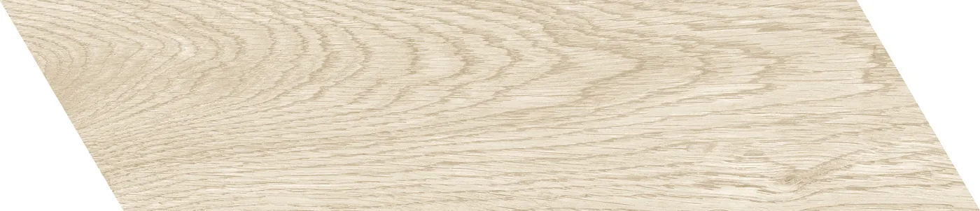 Schräge Chevron-Diele 11×54 cm in sehr heller Creme-Holzoptik, matte Oberfläche, sichtbare Maserung, weißer Hintergrund.