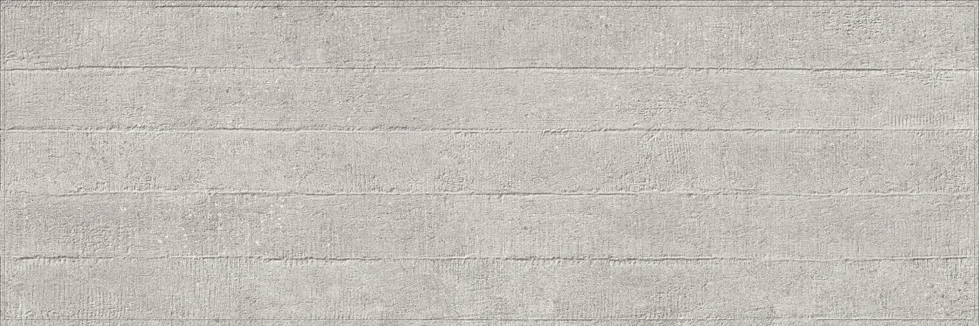 Graue Wandfliese 30x90 cm in Betonoptik mit 3D-Struktur aus waagerechten, versetzten Leisten, matt