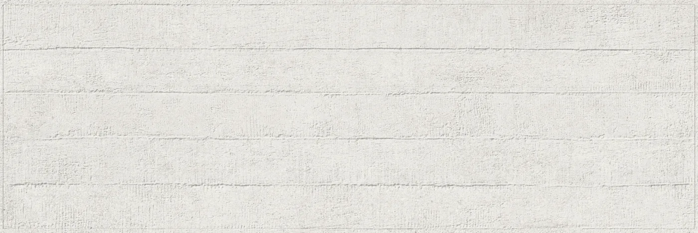 Weiße Wandfliese 30x90 cm in Betonoptik mit 3D-Struktur aus waagerechten, versetzten Leisten, matt
