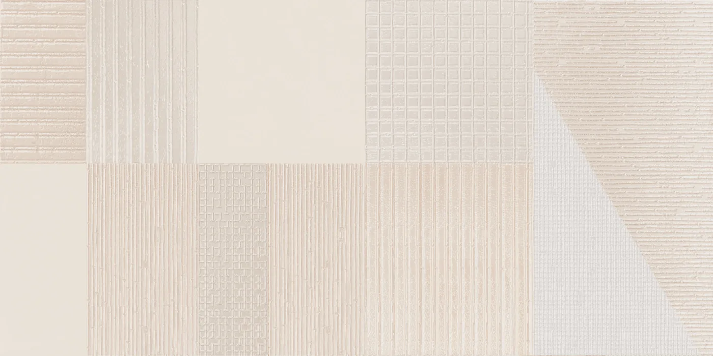 Cremeweiße Dekorfliese 60×120 cm im Patchwork aus Feldern mit Rillen-, Raster- und Strichrelief und einem Diagonalfeld