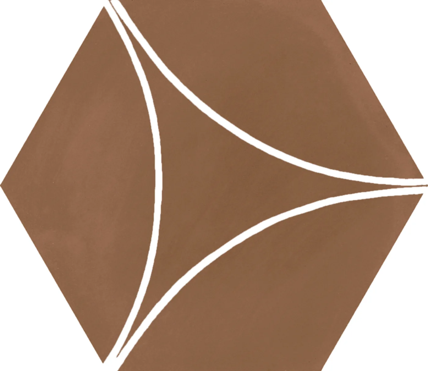 Terrakottabraune Sechseckfliese 18,2x21 cm in Betonoptik mit drei weißen Bogenlinien, die ein gewölbtes Dreieck bilden.