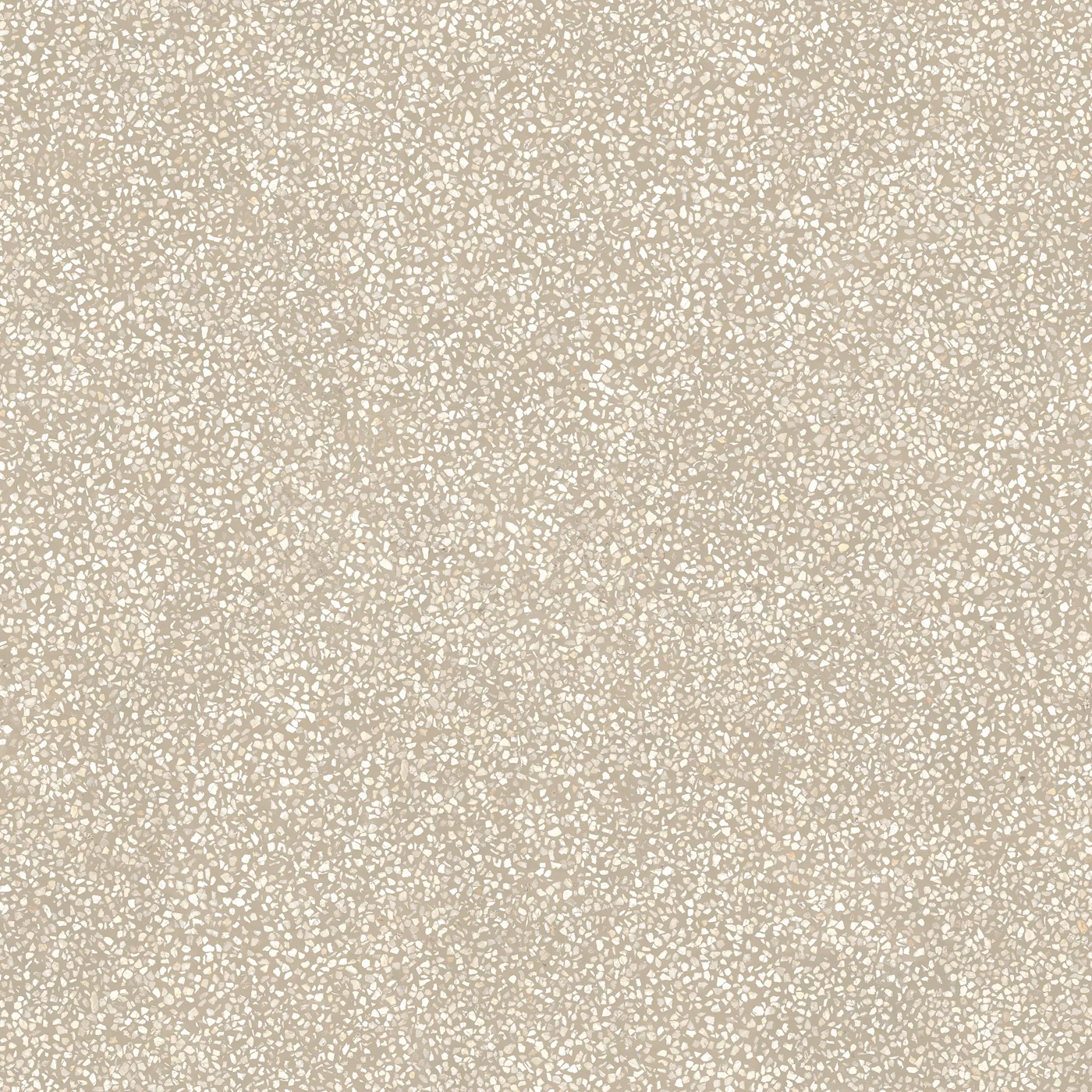 Sandbeige Terrazzo-Fliese 120×120 cm, matt, mit dicht gestreuten cremeweißen Marmorsplittern über die Fläche.