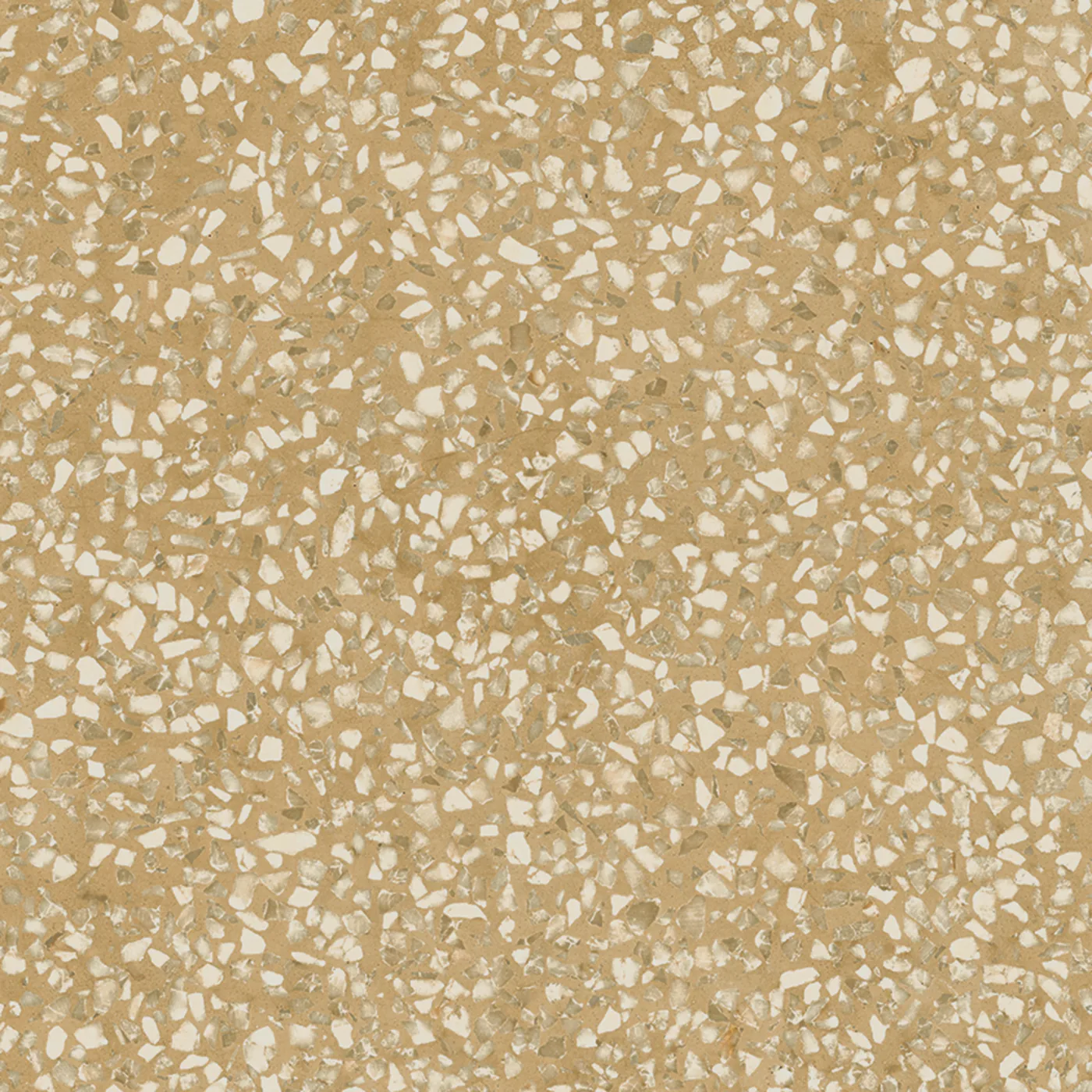 Ockergelbe Terrazzo-Fliese 20x20 cm, warmer senfgelber Grund mit dichten cremeweißen und hellbeigen Splittern, matt.