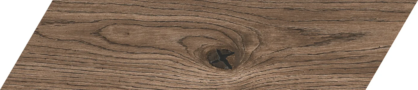 Dunkelbraune Holzoptik-Fliese als Parallelogramm für Fischgrätverlegung, 11x54 cm, mit Eichenmaserung und Astknoten.