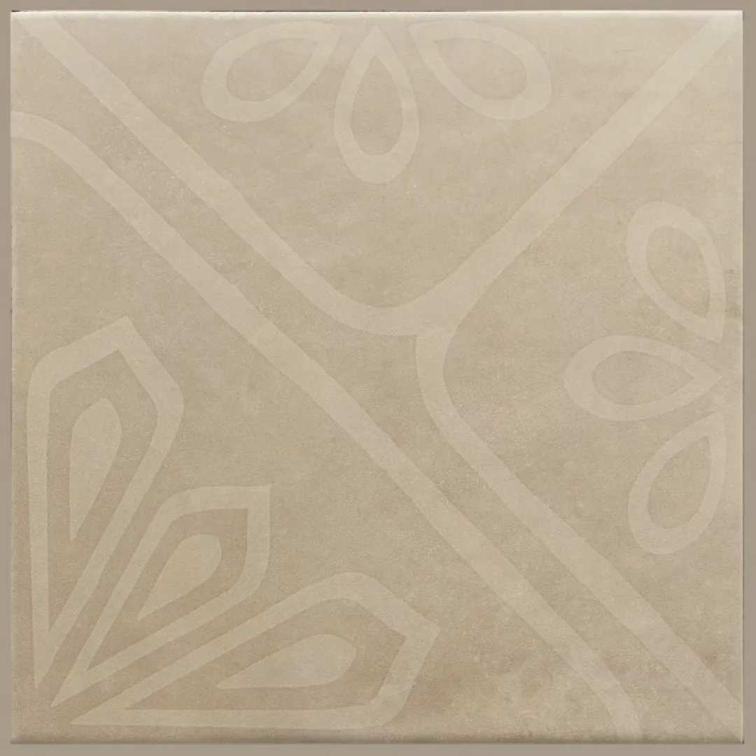 Taupefarbene Dekorfliese 20×20 cm mit dezentem geometrischem Ton-in-Ton-Ornament, matt.