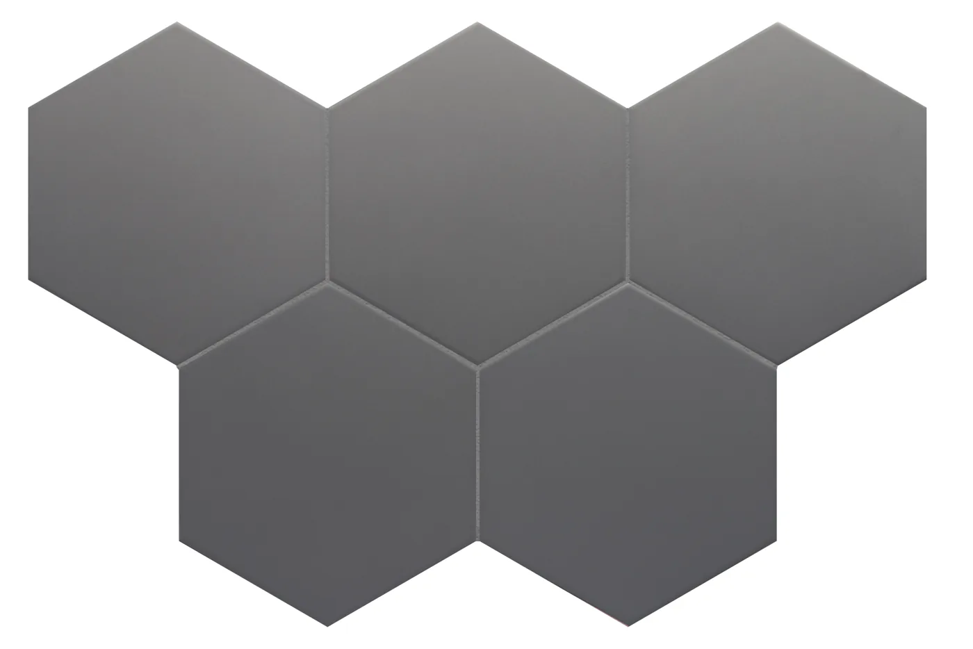 Sechseckige Fliese in mattem Anthrazitschwarz, mehrere Hexagons im Wabenverband mit gleichmäßiger dunkler Fläche.