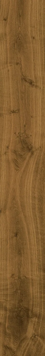 Warm mittelbraune Holzoptik-Fliese 18,5×150 cm in matter Eichenoptik mit lebendiger Maserung und Astbild.