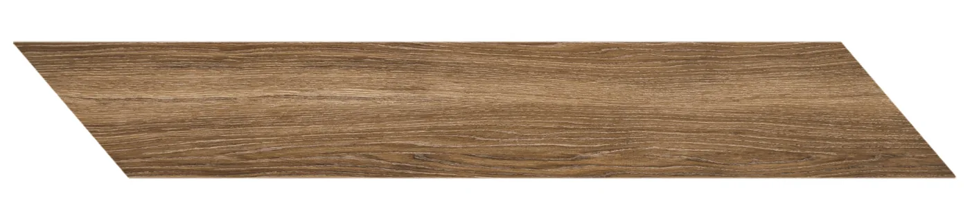 Warmbraune Holzoptik-Fliese 11,8×73,2 cm mit schrägen Enden für Fischgrät-Verlegung, matt und fein gemasert.