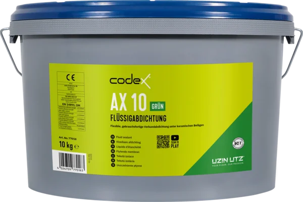 Hellgrüner Codex-Eimer mit dunklem Etikett — Kunststoff-Gebinde mit AX 10 Logo, grüne Variante zur Schichtenkontrolle.