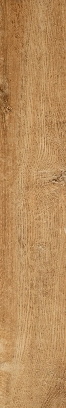 Honigbraune Holzoptik-Fliese 14,5×90 cm mit warmem Orangeton, ausgeprägter Längsmaserung und vereinzelten Astaugen.