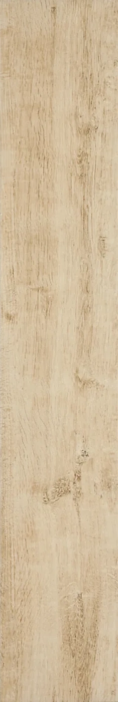 Helle, sandbeige Holzoptik-Fliese 14,5×90 cm mit rauer Längsmaserung, Sägespuren und einigen aufgerissenen Astaugen.