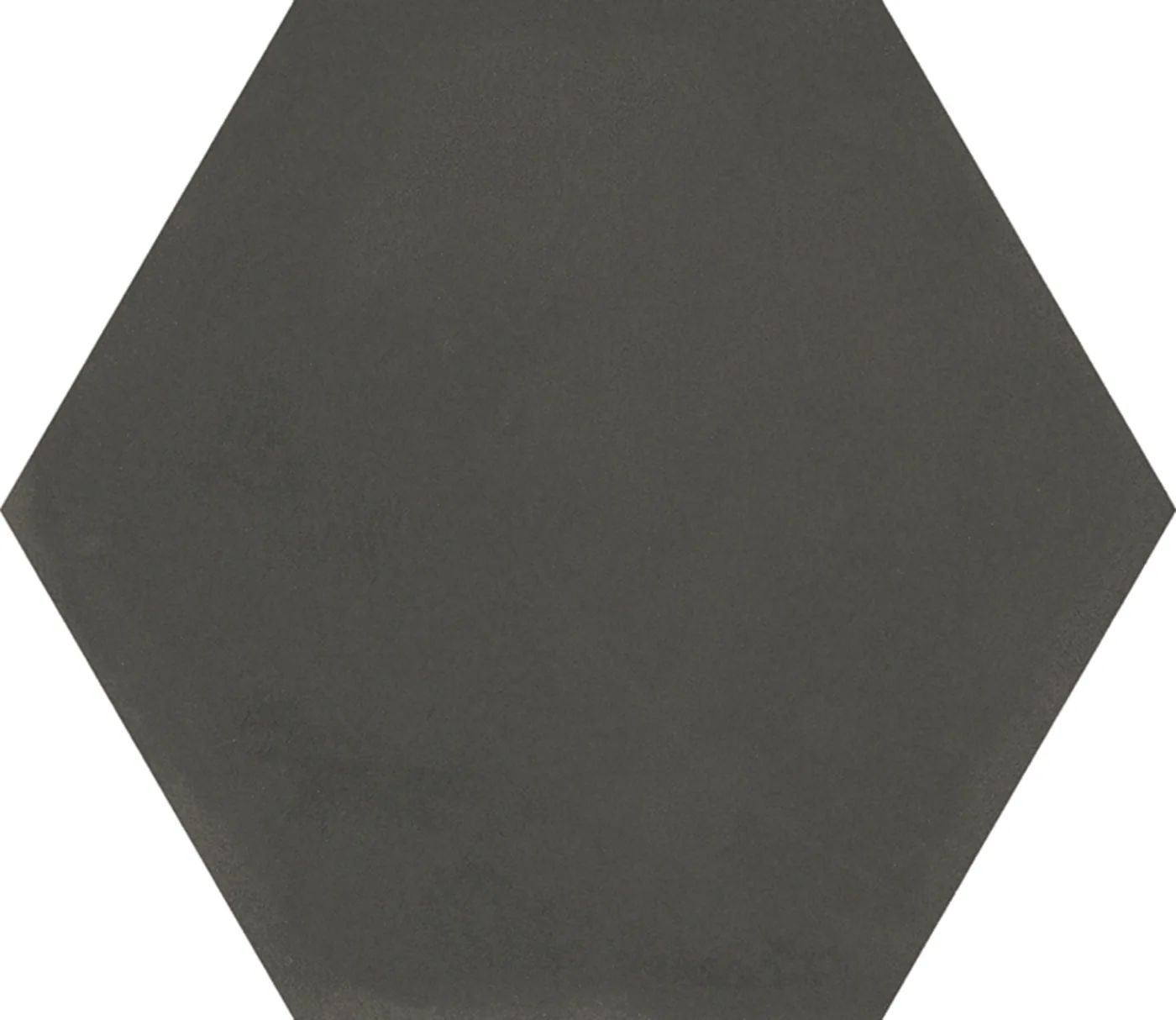 Anthrazitgraue Sechseckfliese 18,2x21 cm in Betonoptik, einfarbig mit feiner wolkiger Schattierung, matte Oberfläche.