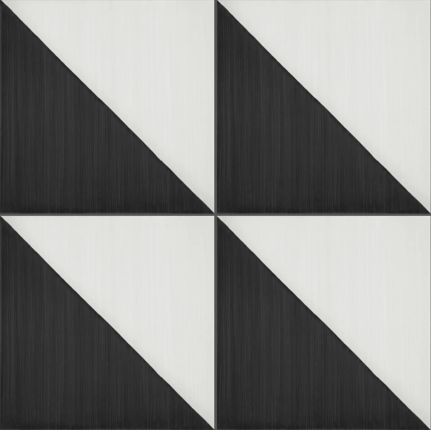 Vier Musterfliesen 20×20 cm, jede diagonal geteilt in ein schwarzes und ein weißes Dreieck, gleich ausgerichtet verlegt.