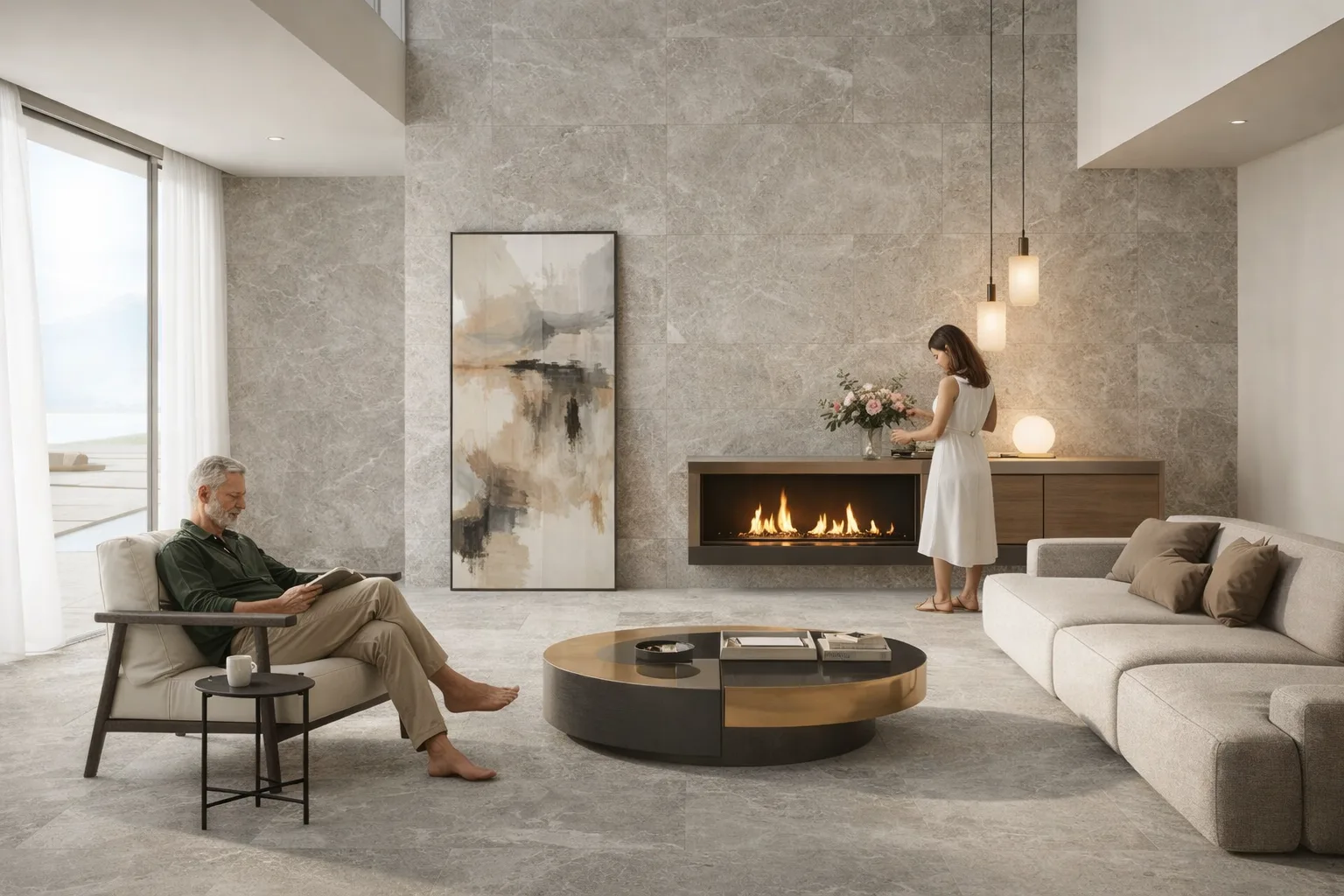 Wohnraum mit Akzentwand in warmer Natursteinoptik und Kamin – KI-generiertes Beispielbild