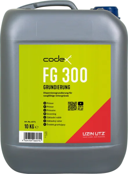 Hellgrüner Codex-Kanister mit roter Banderole und FG 300 Logo — Kunststoffgebinde mit hellgrüner Dispersionsgrundierung innen.