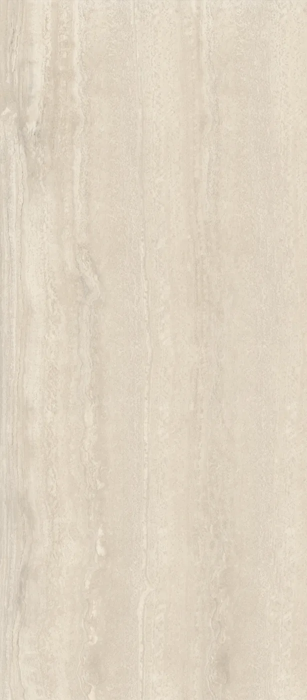 Beige Travertinoptik-Platte 120x278 cm mit matter Oberfläche und längs verlaufenden Streifen in Creme und Hellbraun.