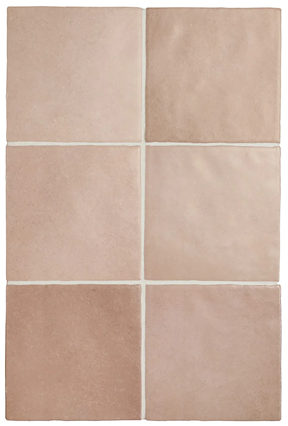 Zartrosa matte Steingut-Wandfliese, 13,2×13,2 cm, quadratisch im Raster verlegt, mit changierendem Farbspiel.