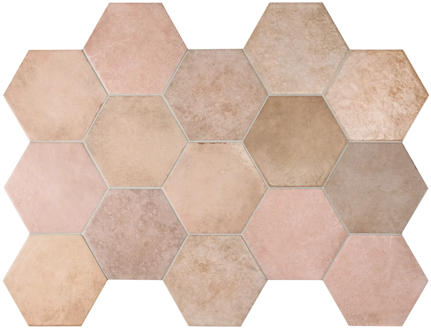 Equipe Heritage Rose: altrosa Hexagon-Fliesen aus Feinsteinzeug, matt, in Vintage-Zementoptik verlegt