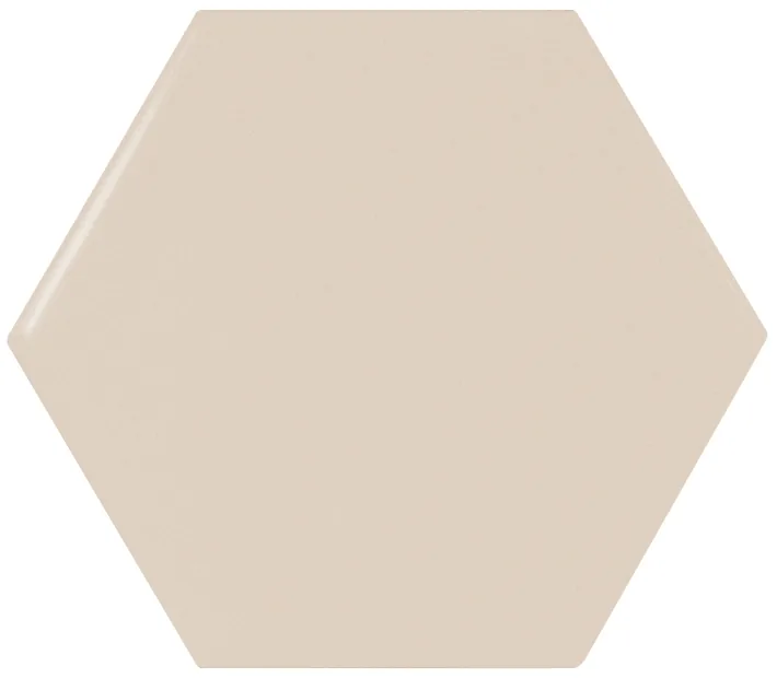 Sechseckige Wandfliese in Greige, glänzend glasiert, Format 12,4x10,7 cm, mit gleichmäßig deckender, blickdichter Oberfläche.