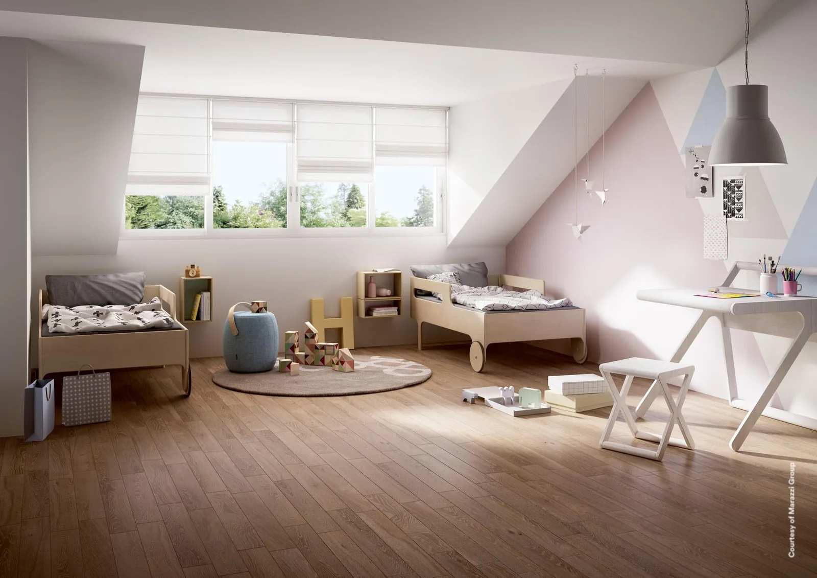 Kinderzimmer unter der Dachschräge mit Holzoptik-Dielen Treverkcharme Brown im Längsverband