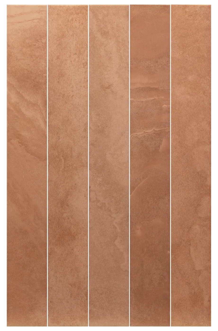 Equipe Marmoris Cotto: funf matte Riemchen 7,5x60 cm in Terrakotta-Braun mit warmer Steinmaserung, frontal.