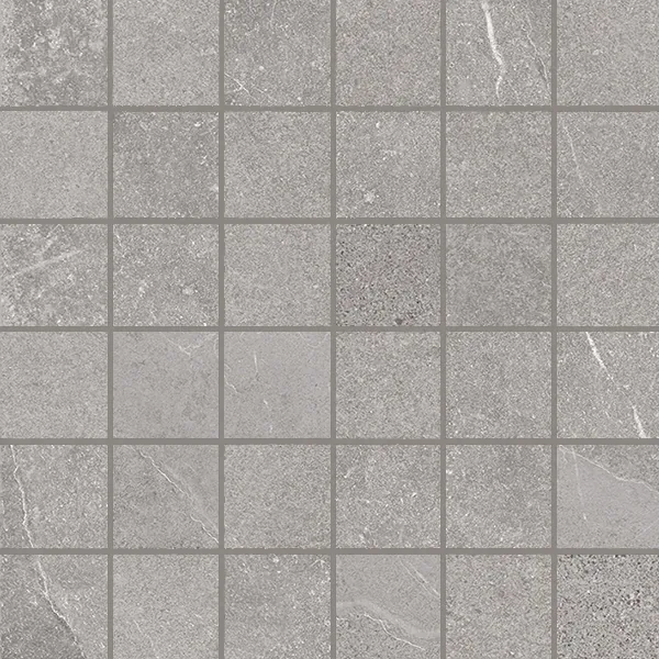 African Slate Greige: Mosaik 30×30 cm aus 5×5-cm-Steinchen in mittlerem Grau mit leicht warmem Unterton, matt