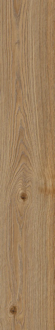 Holzoptik-Fliese 20×120 cm in mittlerem Goldbraun mit kräftiger Längsmaserung und zwei dunklen Astaugen