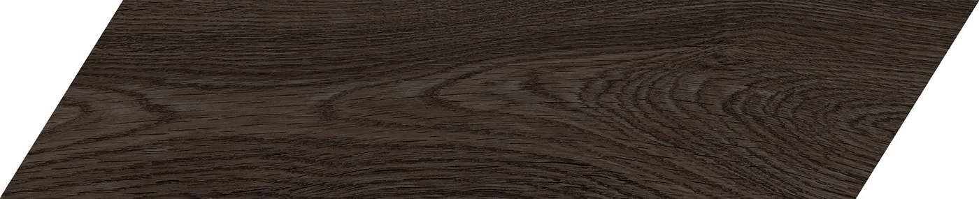 Schräge Chevron-Diele 11×54 cm in fast schwarzbrauner Holzoptik, matte Oberfläche, sichtbare Maserung, weißer Hintergrund.