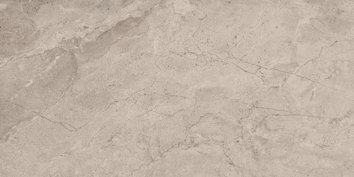 Graubeige Steinoptik-Fliese 30x60 cm, matt, mit feiner heller Aderung und wolkiger Mineralzeichnung.