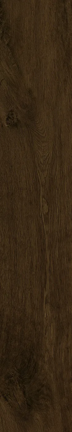 Nahaufnahme der dunkelbraunen Holzoptik-Fliese 20×120 cm mit feiner matter Eichenmaserung und Astzeichnungen.