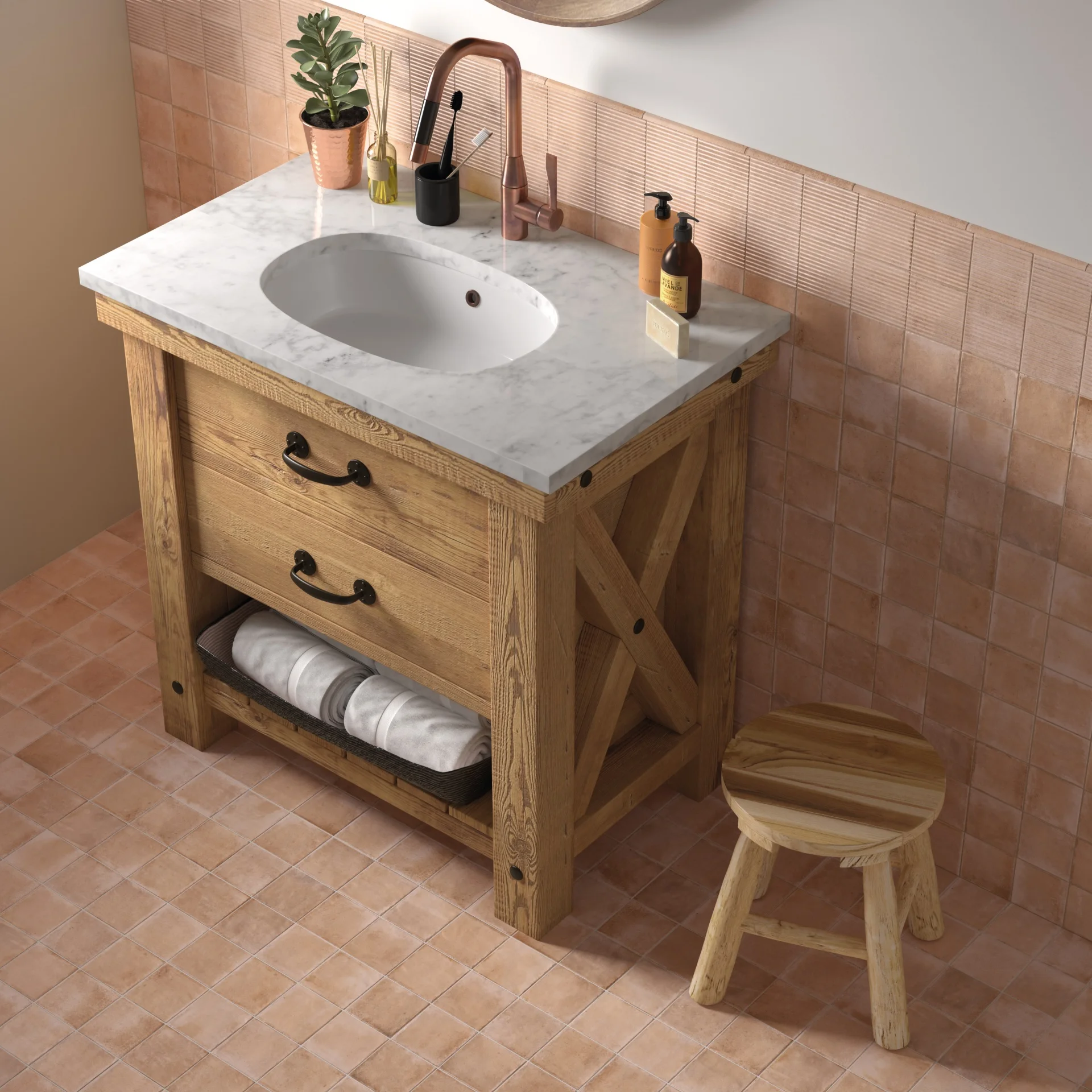 Equipe Raku Nude matt - Badezimmer mit Holz-Waschtisch