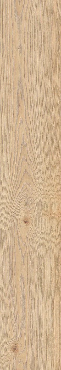 Holzoptik-Fliese 20×120 cm in hellem Sandbeige mit Längsmaserung, grauen Faserstreifen und zwei Astaugen