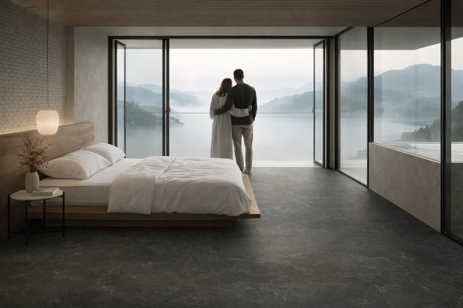 Schlafzimmer mit dunkler Nyra-Boden-Flaeche (Meteor/Charcoal) in Natursteinoptik – KI-generiertes Beispielbild