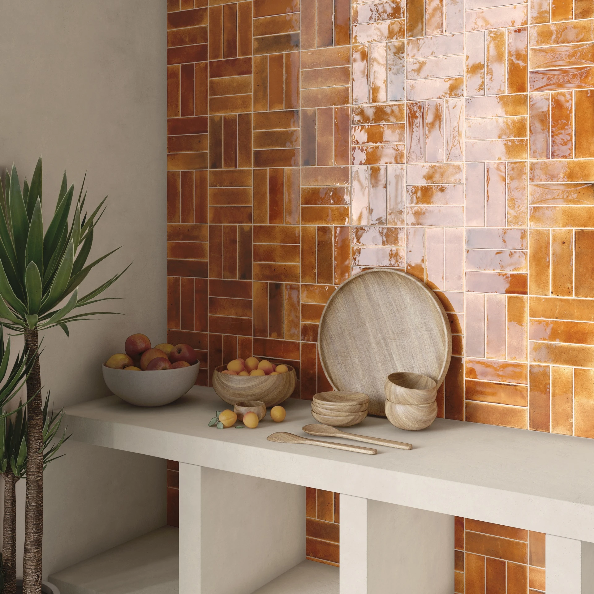 Raumszene mit verlegten Hanoi Wandfliesen in Burnt Red Glasur, Showroom im Vintage Stil.