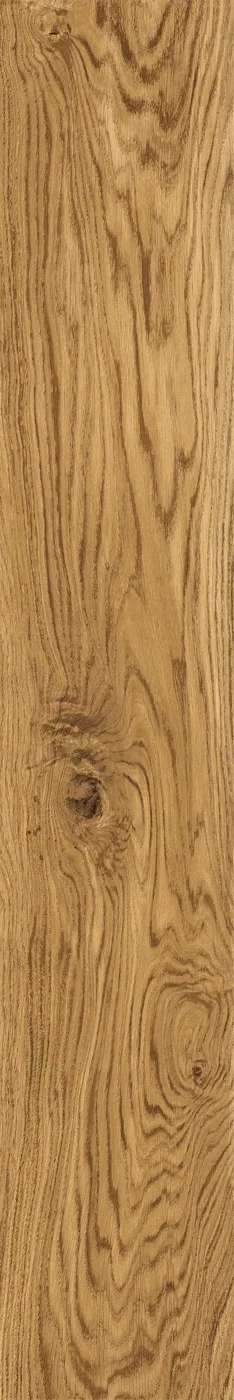 Warme karamellbraune Holzoptik-Fliese mit kräftiger Fladerung und dunklen Astlöchern, 20x120 cm, Draufsicht