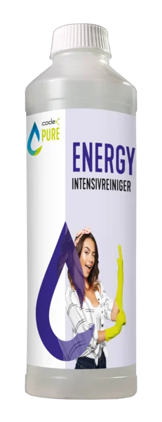 Schraubflasche mit lila Etikett, Schriftzug ENERGY und weißem Drehverschluss vor weißem Hintergrund.