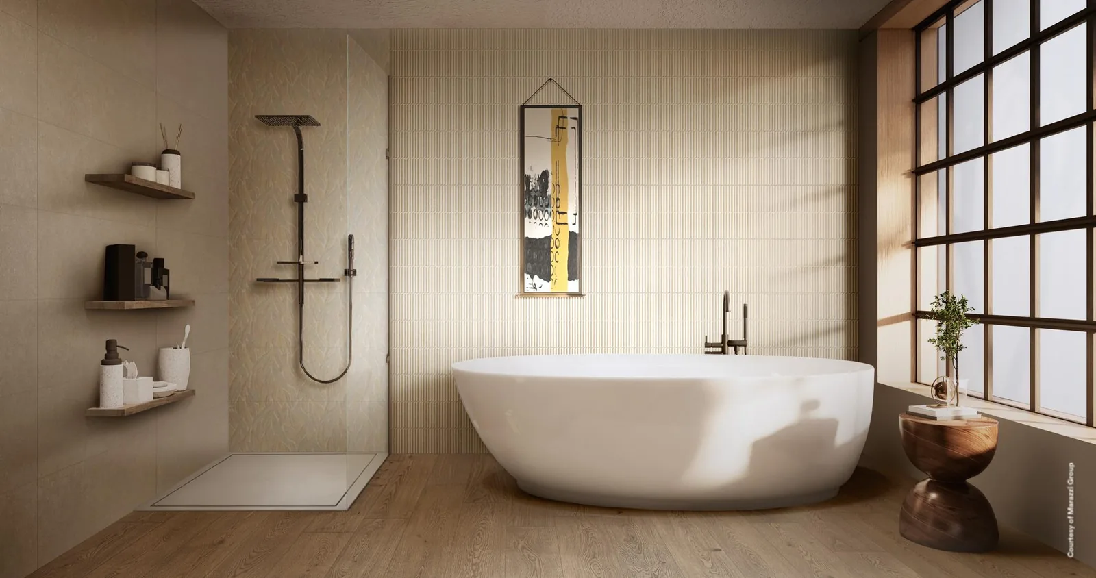 Badezimmer mit Marazzi Room Wall: Rückwand 3D Match Beige, Dusche Decoro Oleander, Seitenwand Taupe