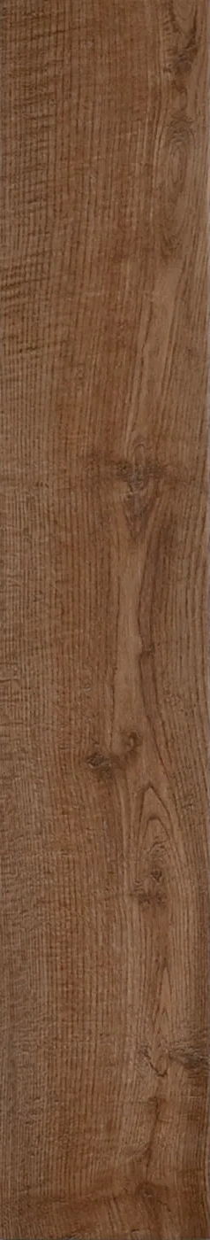 Einzelne Holzoptik-Fliese 15x90 cm in dunklem Kastanienbraun mit kräftiger Maserung, matt