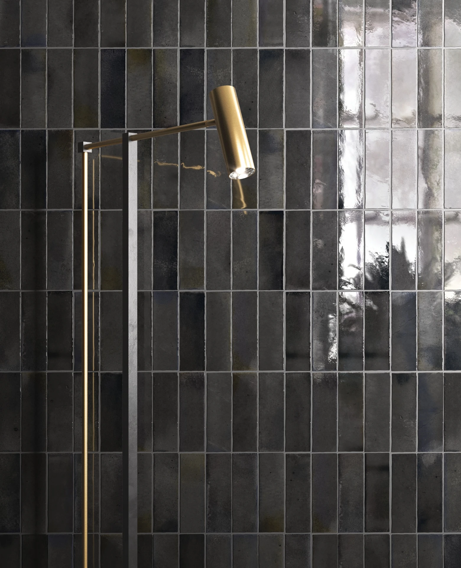 Raumszene mit verlegten Hanoi Wandfliesen in Black Ash Glasur, Showroom im Vintage Stil.
