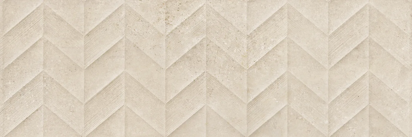 Beige Wandfliese 30x90 cm in Betonoptik mit 3D-Relief im Fischgrätmuster aus spitzen Zacken, matt