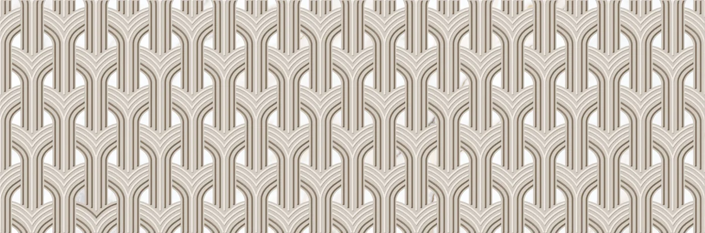 Warmweiße Marmoroptik-Wandfliese 40×120 cm mit dicht gereihten Bogenmotiven in Taupe und Braun über die Fläche.