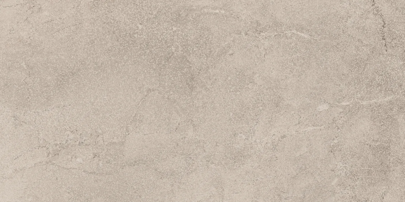 Graubeige Steinoptik-Fliese 30x60 cm, matt, mit feiner heller Aderung und wolkiger Mineralzeichnung.