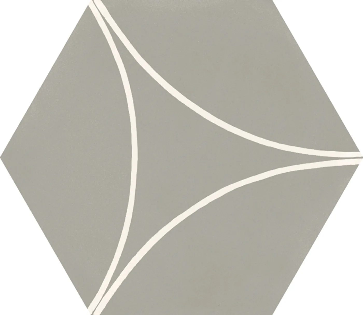 Mittelgraue Sechseckfliese 18,2x21 cm in Betonoptik mit drei weißen Bogenlinien, die ein gewölbtes Dreieck bilden.