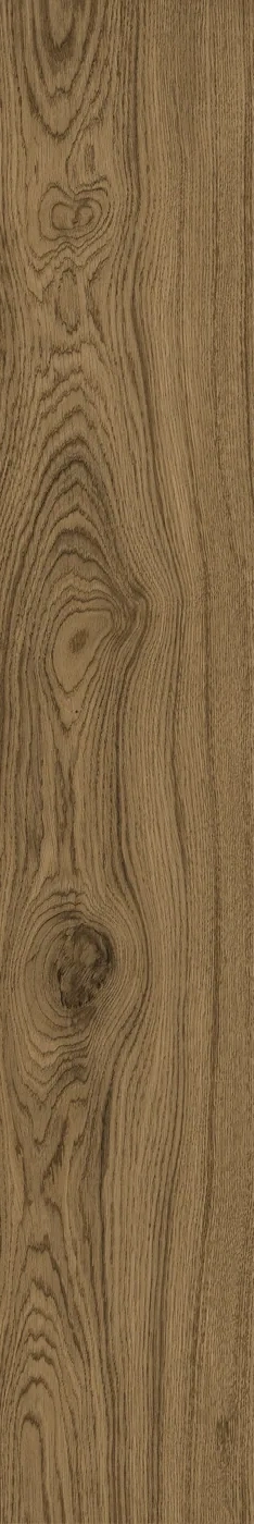Mittelbraune Holzoptik-Fliese mit Astlöchern und dichter Maserung, 20x120 cm, Draufsicht