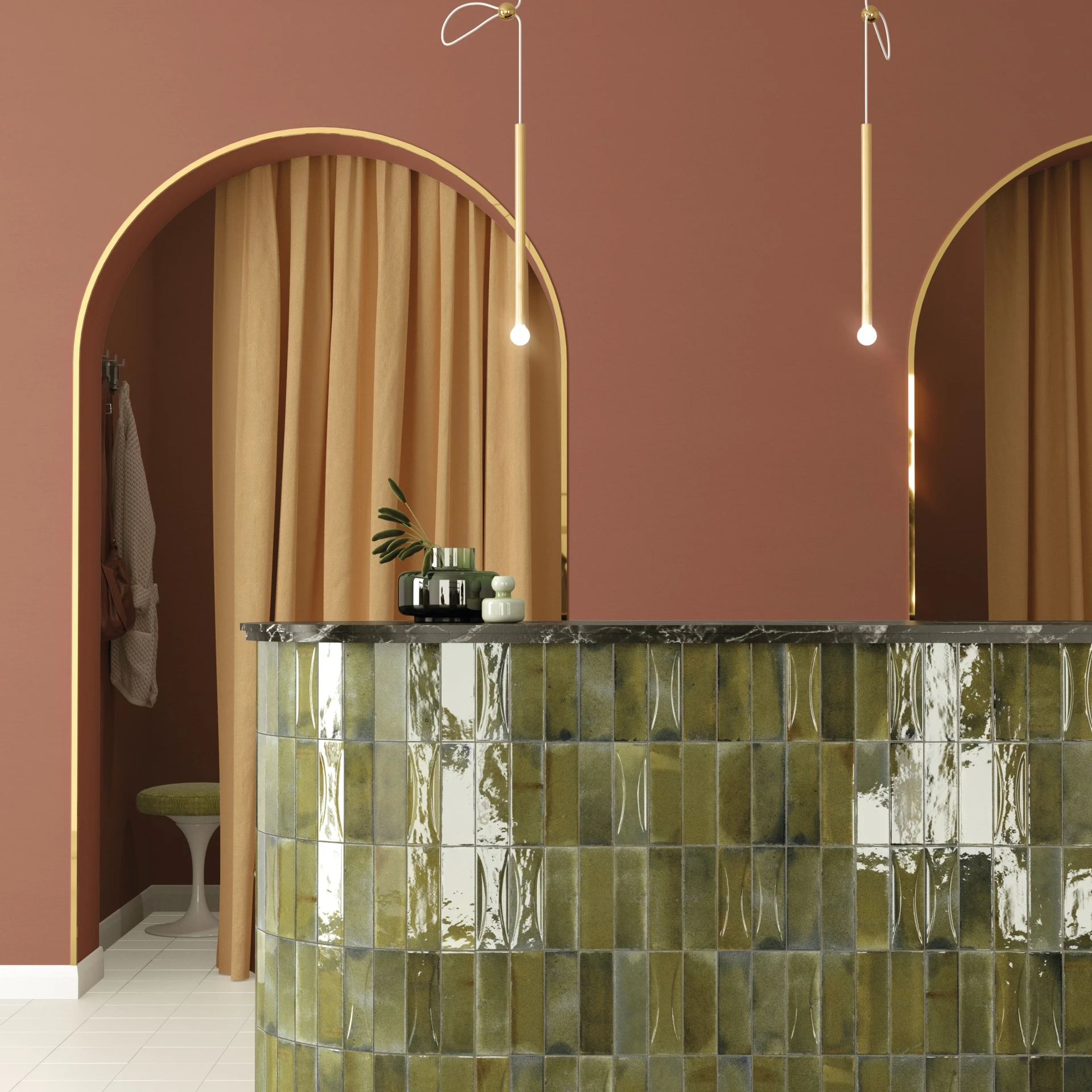 Raumszene mit verlegten Hanoi Wandfliesen in Wild Olive Glasur, Showroom im Vintage Stil.
