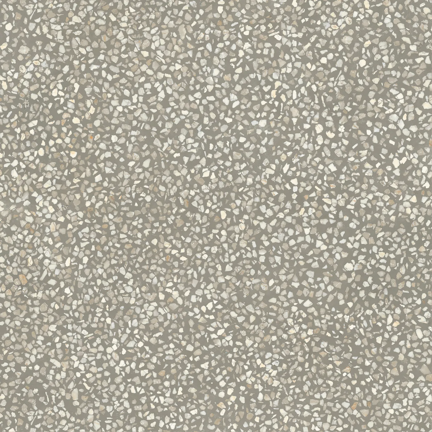 Warmgrau-grünliche Terrazzo-Fliese 60×60 cm, matt, mit hellen, dicht gestreuten Marmorsplittern über die Fläche.