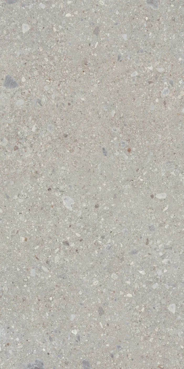Graue Steinoptik-Platte 160x320 cm mit matter Oberfläche und kleinen grauen und bläulichen Einschlüssen.