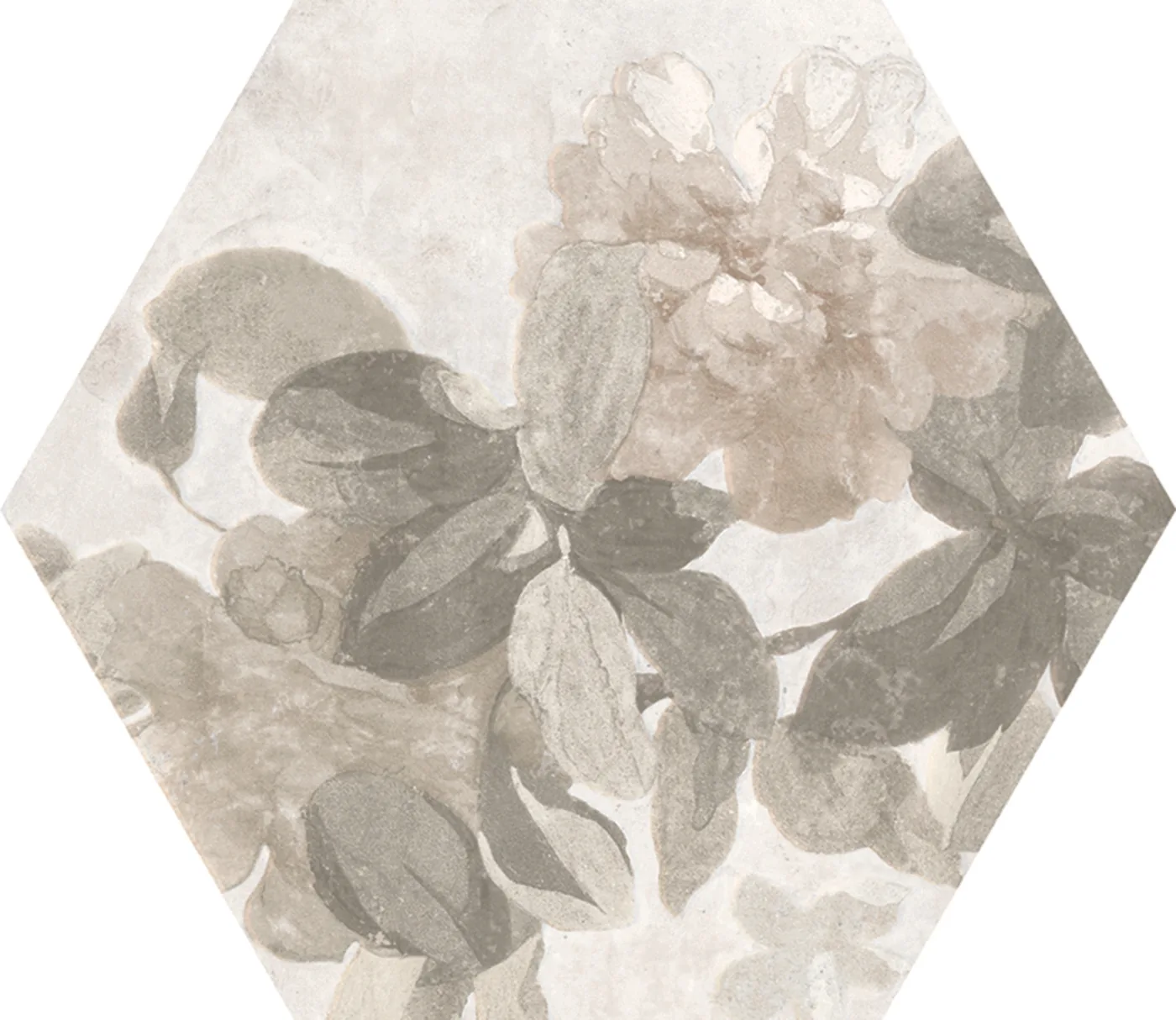 Sechseckfliese 18,2x21 cm mit aquarellartigem Blütendekor in Grau, Rosa und Beige auf fast weißem Betonoptik-Grund.