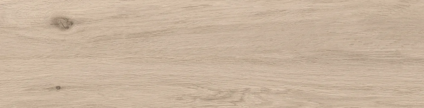 Hellbeige Holzoptik-Fliese 15,5x60,5 cm im natürlichen Eichenton mit lebhafter Maserung und dunklem Astknoten links.